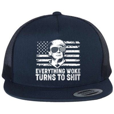 Funny Trump Everything Woke Turns To Shit Distressed USA American Flag Flatbill Hat