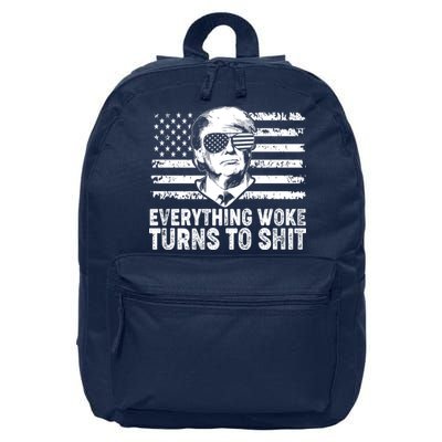 Funny Trump Everything Woke Turns To Shit Distressed USA American Flag 16 in Basic Backpack