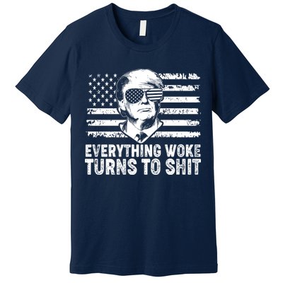 Funny Trump Everything Woke Turns To Shit Distressed USA American Flag Premium T-Shirt