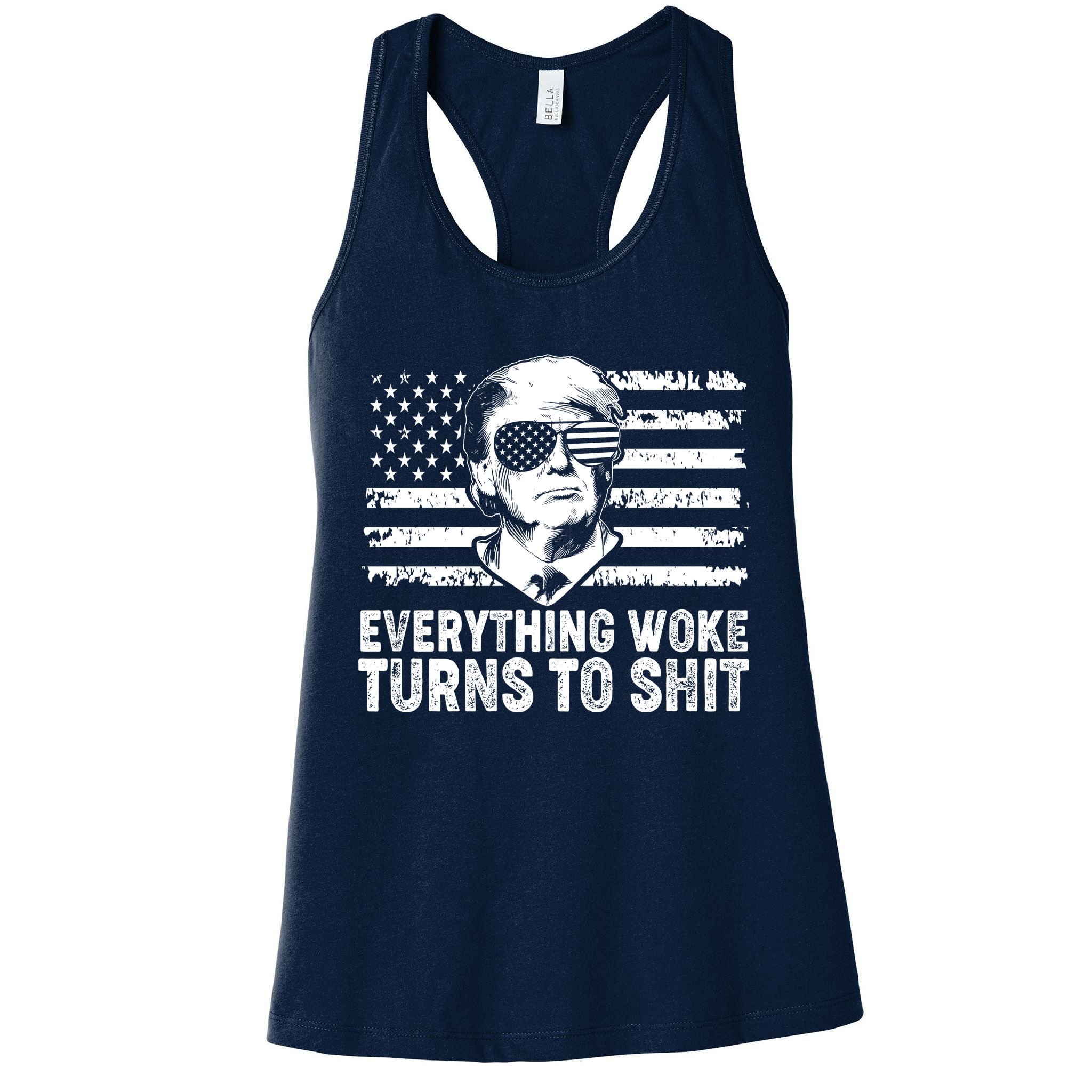 Funny Trump Everything Woke Turns To Shit Distressed USA American Flag Womens Tank Top