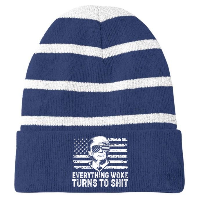 Funny Trump Everything Woke Turns To Shit Distressed USA American Flag Striped Beanie with Solid Band