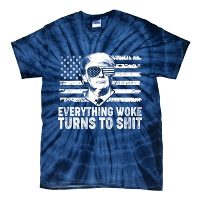 Funny Trump Everything Woke Turns To Shit Distressed USA American Flag Tie-Dye T-Shirt