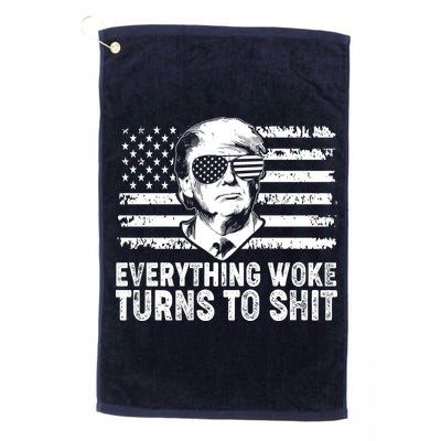 Funny Trump Everything Woke Turns To Shit Distressed USA American Flag Golf Towel