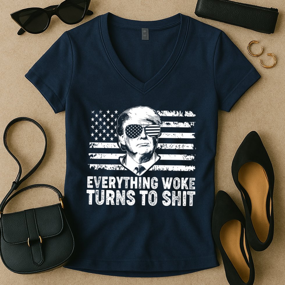 Funny Trump Everything Woke Turns To Shit Distressed USA American Flag Women's V-Neck T-Shirt