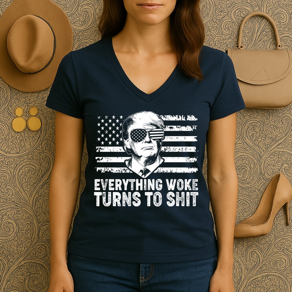 Funny Trump Everything Woke Turns To Shit Distressed USA American Flag Women's V-Neck T-Shirt