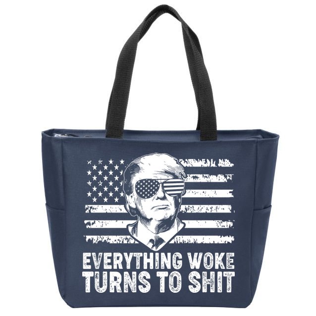 Funny Trump Everything Woke Turns To Shit Distressed USA American Flag Zip Tote Bag