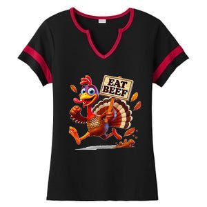 Funny Turkey Eat Beef Art – Humorous Thanksgiving Design Ladies Halftime Notch Neck Tee