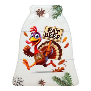 Funny Turkey Eat Beef Art – Humorous Thanksgiving Design Ceramic Bell Ornament