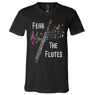 Fear The Flutes Flute Player Flutist Marching Band Music V-Neck T-Shirt
