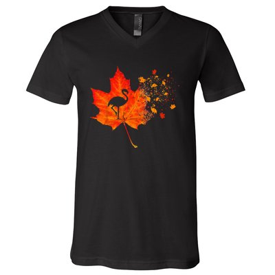 Flamingo Thanksgiving Fall Leaves Costume Autumn Vibes V-Neck T-Shirt