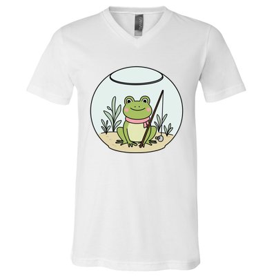 Frog Terrarium Fishing Whimsical Amphibian Adventure V-Neck T-Shirt