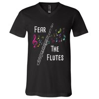 Fear The Flutes Flute Player Flutist Marching Band Music V-Neck T-Shirt