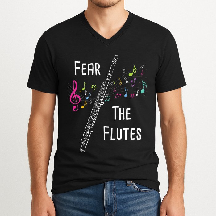 Fear The Flutes Flute Player Flutist Marching Band Music V-Neck T-Shirt
