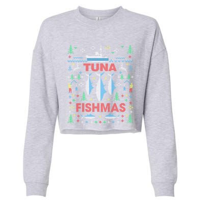 Funny Tuna Fishing Christmas Ugly Party Tuna Fishmas Gift Cropped Pullover Crew