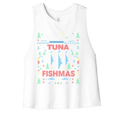 Funny Tuna Fishing Christmas Ugly Party Tuna Fishmas Gift Women's Racerback Cropped Tank