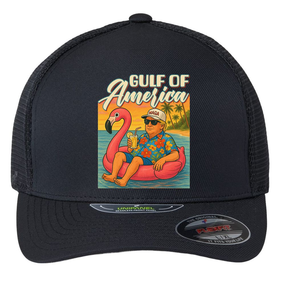 Funny Trump Flamingo Float Gulf Of US America Beach Lover Flexfit Unipanel Trucker Cap