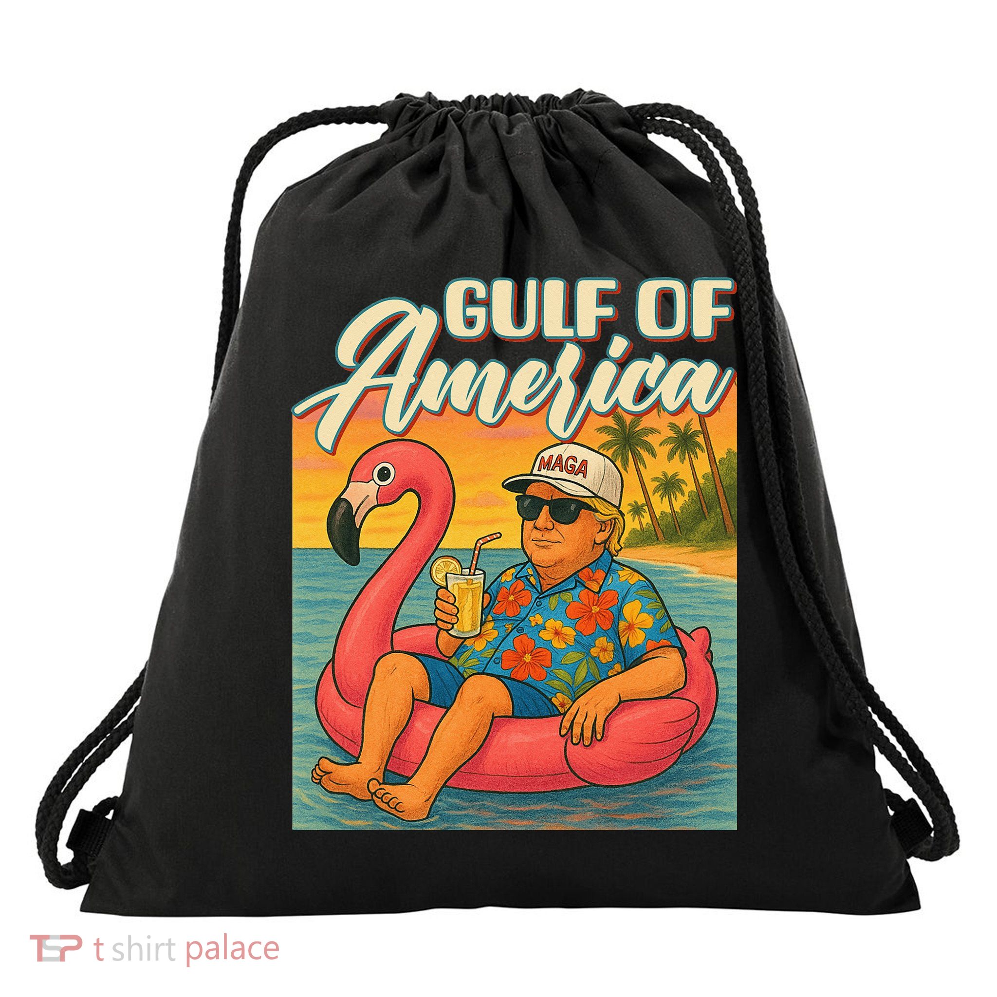 Funny Trump Flamingo Float Gulf Of US America Beach Lover Drawstring Bag