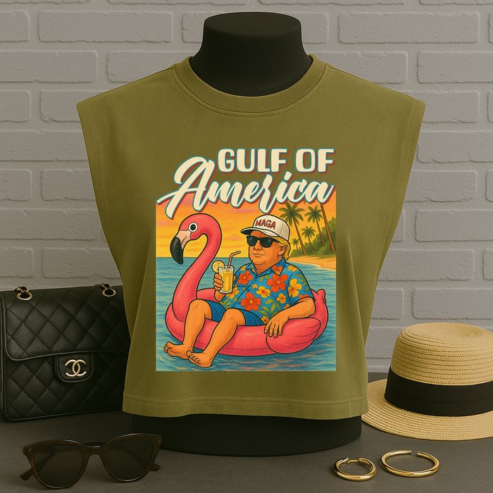 Funny Trump Flamingo Float Gulf Of US America Beach Lover Garment-Dyed Women's Muscle Tee