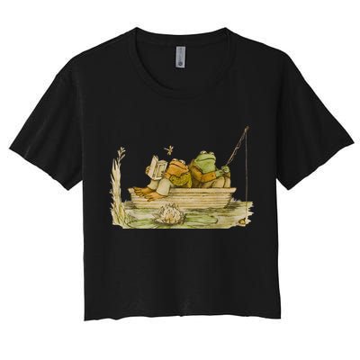 Frog Toad Fishing Vintage Classic Book Frog Reading Book Crop Top