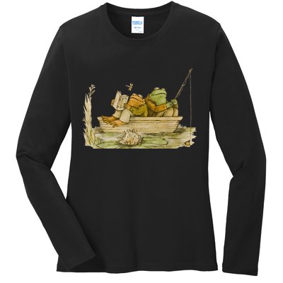 Frog Toad Fishing Vintage Classic Book Frog Reading Book Ladies Long Sleeve Shirt