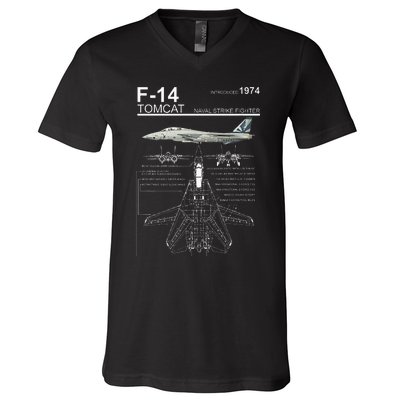 F14 Tomcat Fighter Jet Diagram V-Neck T-Shirt