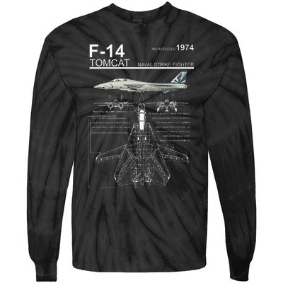 F14 Tomcat Fighter Jet Diagram Tie-Dye Long Sleeve Shirt