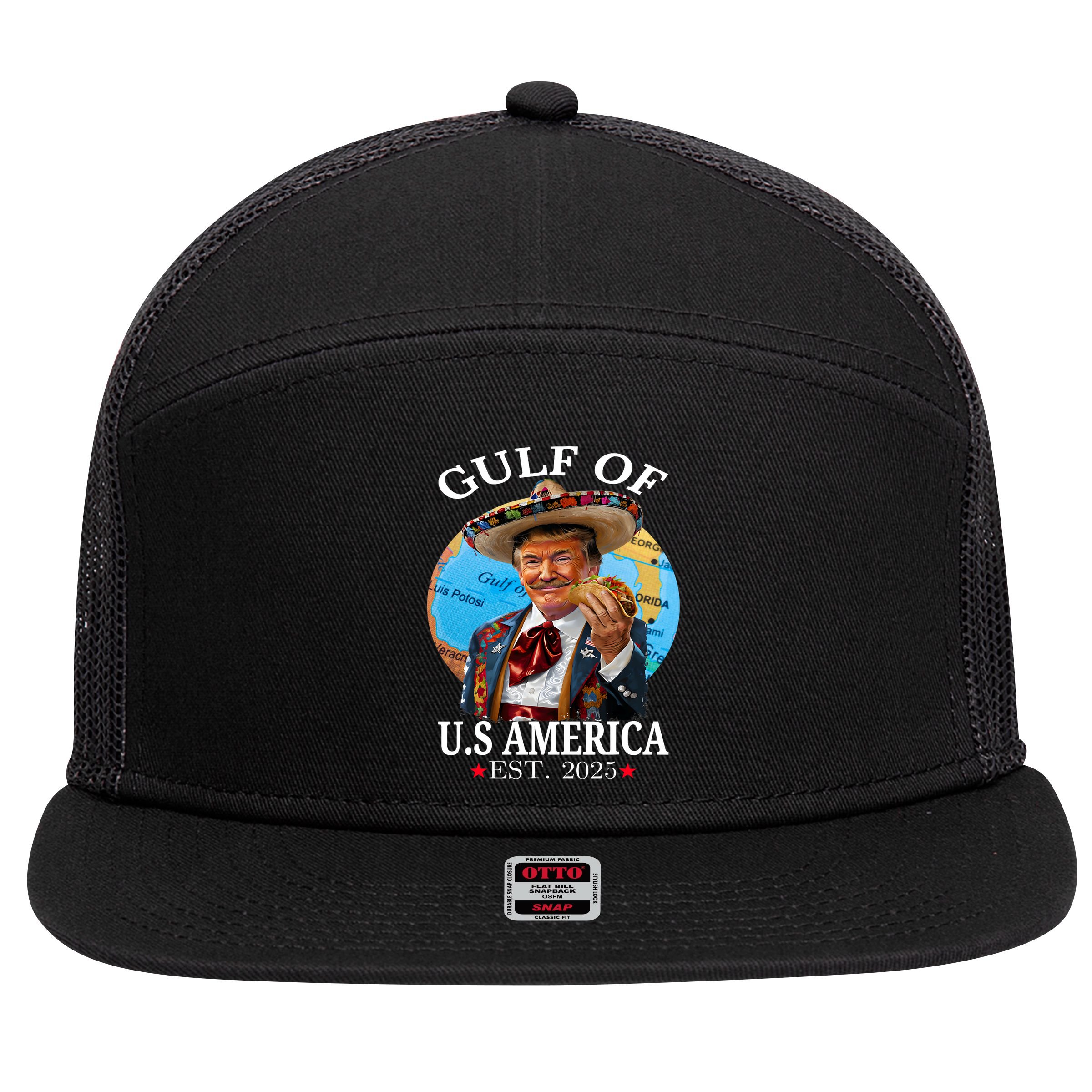 Funny Trump   Gulf Of US America 2025 Trump Merchandise 7 Panel Mesh Trucker Snapback Hat