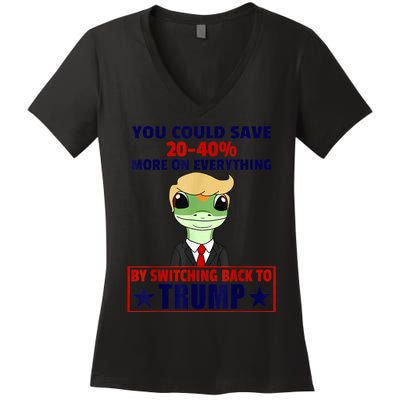 Funny Trump Gecko Switch Back To Trump Save More Republican Women's V-Neck T-Shirt