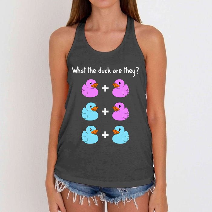 Funny Twin Gender Reveal Gift For Dad Mom Cool What The Duck Women's Knotted Racerback Tank