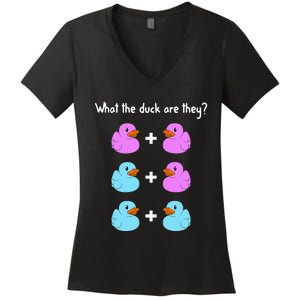 Funny Twin Gender Reveal Gift For Dad Mom Cool What The Duck Women's V-Neck T-Shirt