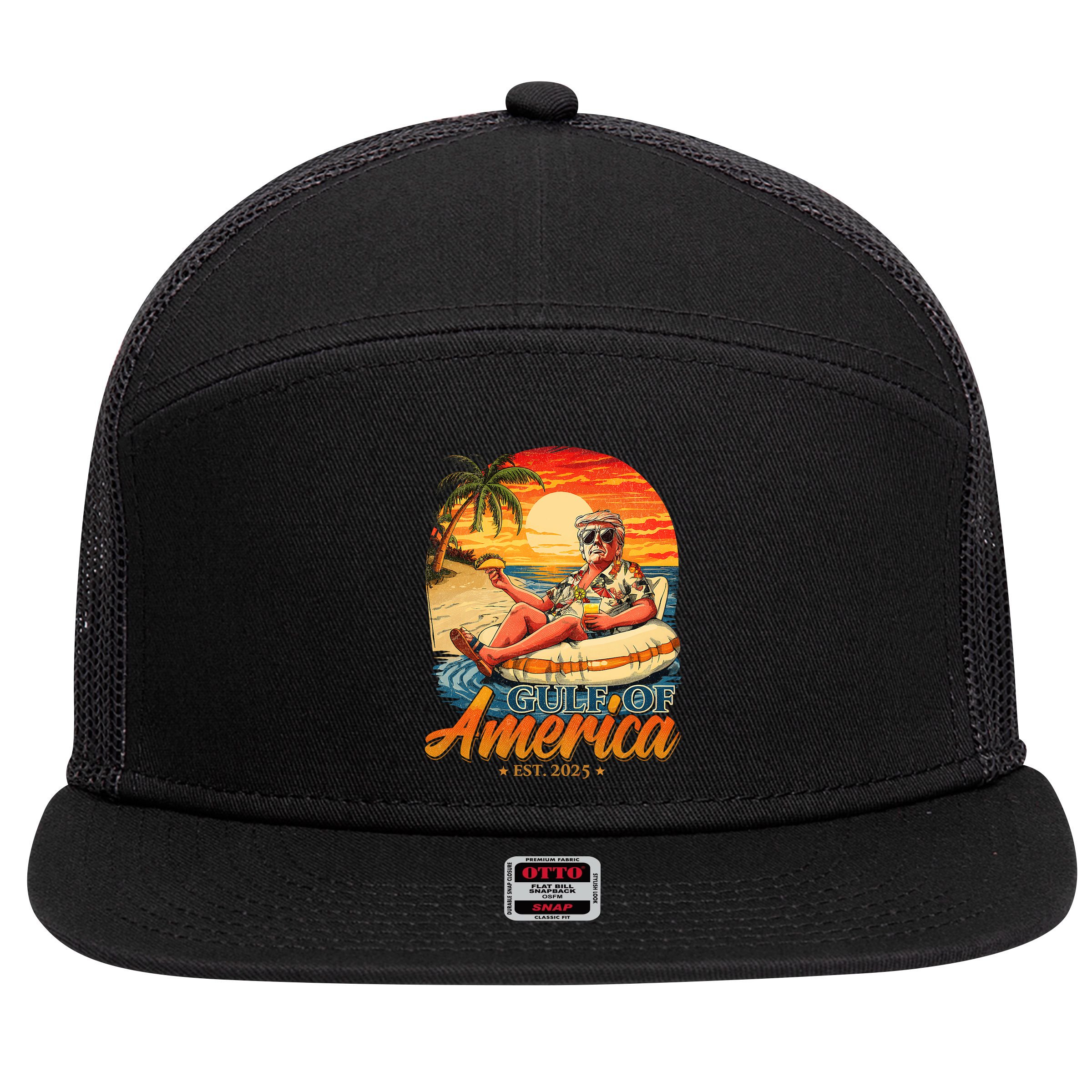 Funny Trump Gulf Of Us America Est 2025  7 Panel Mesh Trucker Snapback Hat
