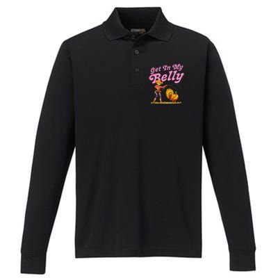 Funny Thanksgiving Get In My Belly Performance Long Sleeve Polo