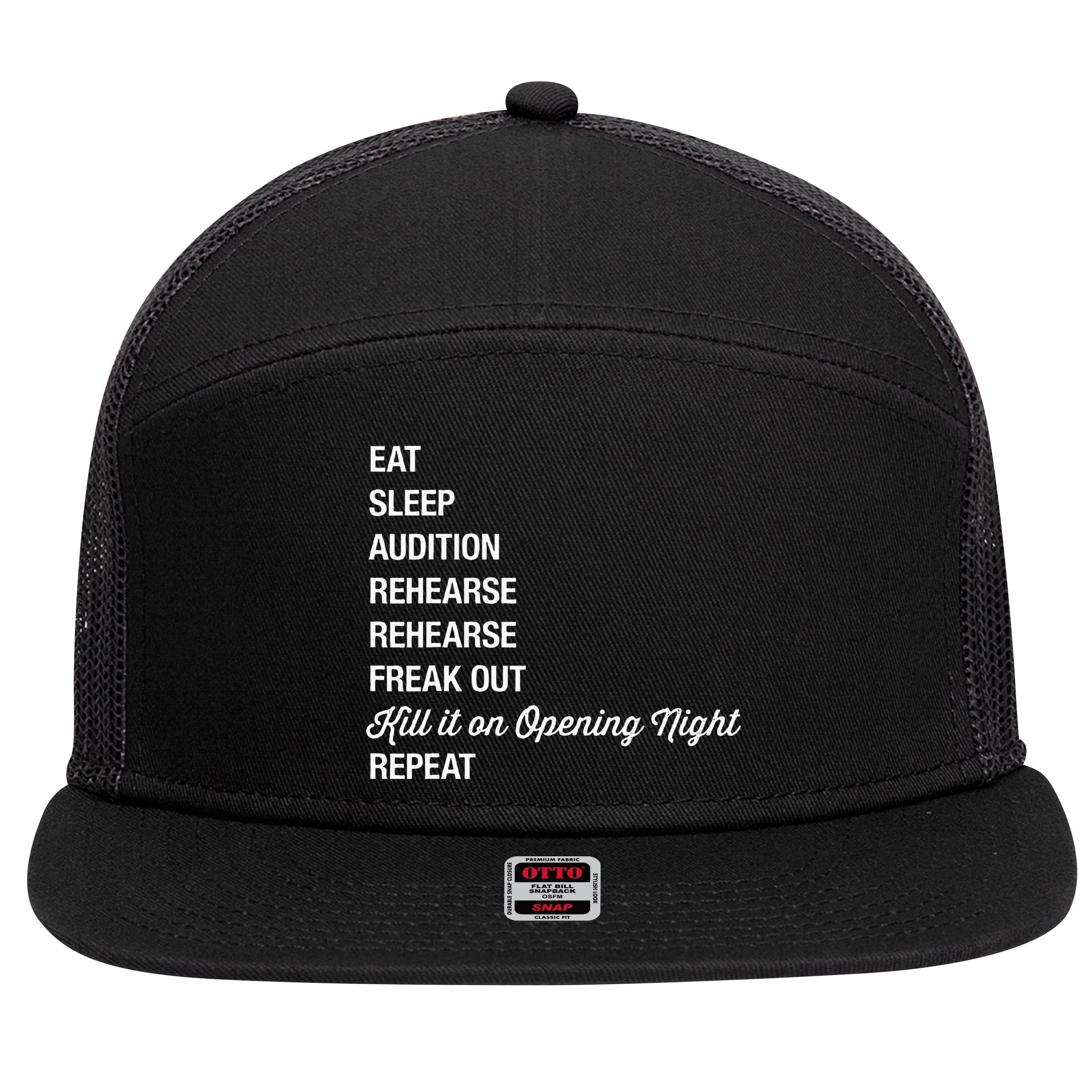 Funny Theater Geek Gift Musical Life Eat Sleep Theatre 7 Panel Mesh Trucker Snapback Hat