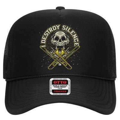 Funny Trombonist Gift I Destroy Silence Trombone High Crown Mesh Back Trucker Hat