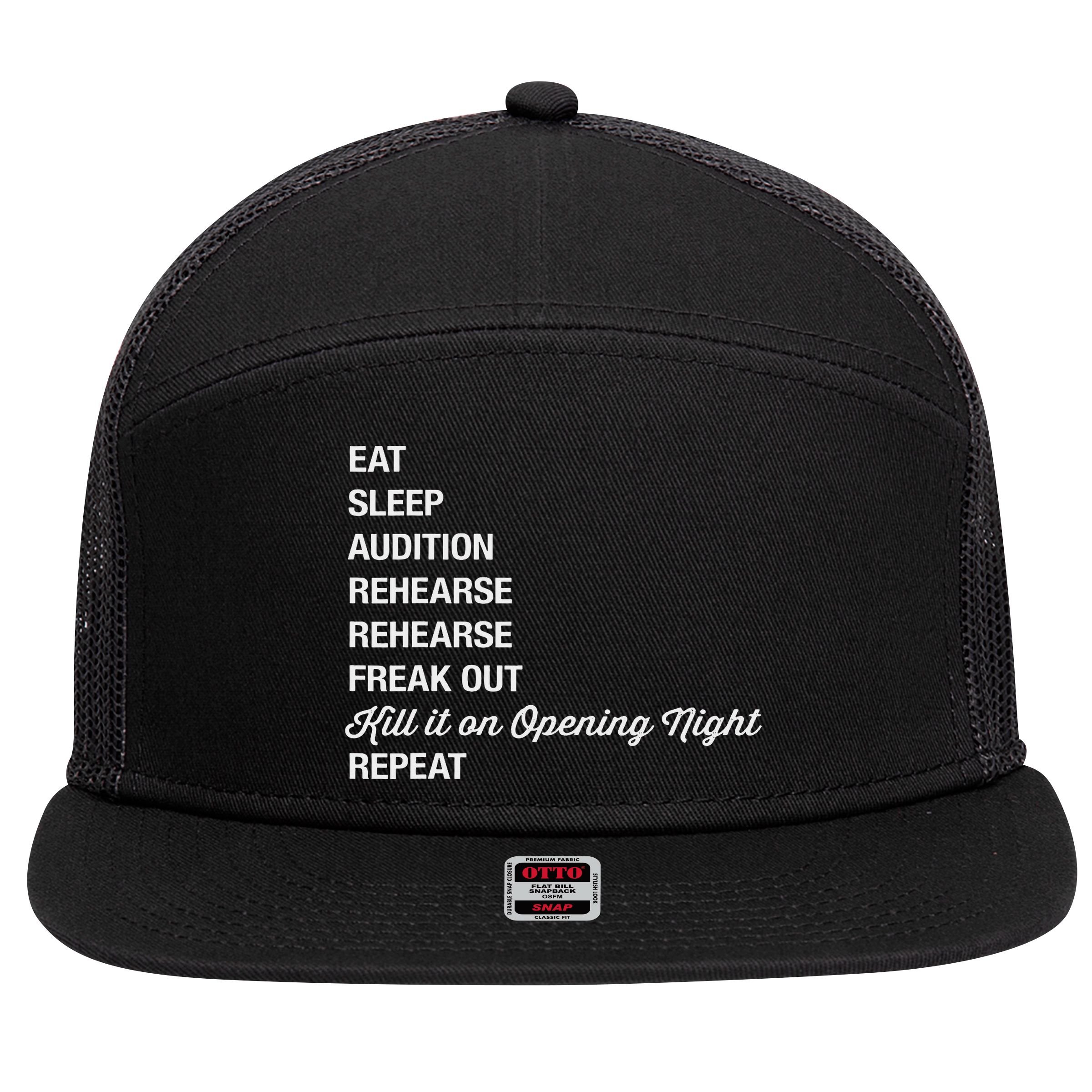 Funny Theater Geek Gift Musical Life Eat Sleep Theatre 7 Panel Mesh Trucker Snapback Hat