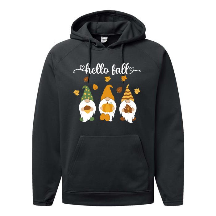 Funny Three Gnomes Hello Fall Acorn Pumpkins Leaves Autumn Performance Fleece Hoodie