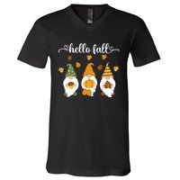 Funny Three Gnomes Hello Fall Acorn Pumpkins Leaves Autumn V-Neck T-Shirt