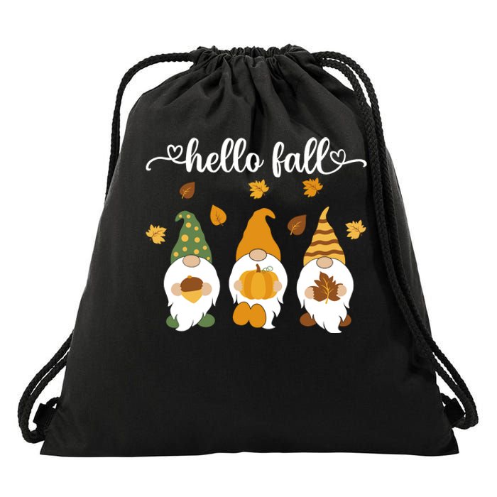 Funny Three Gnomes Hello Fall Acorn Pumpkins Leaves Autumn Drawstring Bag