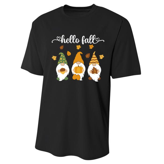 Funny Three Gnomes Hello Fall Acorn Pumpkins Leaves Autumn Performance Sprint T-Shirt