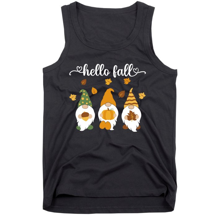 Funny Three Gnomes Hello Fall Acorn Pumpkins Leaves Autumn Tank Top