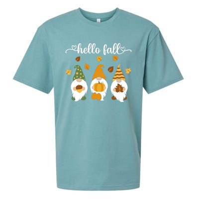 Funny Three Gnomes Hello Fall Acorn Pumpkins Leaves Autumn Sueded Cloud Jersey T-Shirt