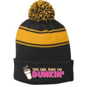 Funny This Girl Runs On Dunkin Stripe Pom Pom Beanie