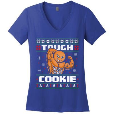 Funny Tough Gingerbread Cookie Ugly Christmas Sweater Gym Women's V-Neck T-Shirt