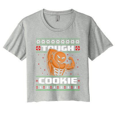 Funny Tough Gingerbread Cookie Ugly Christmas Sweater Gym Women's Crop Top Tee