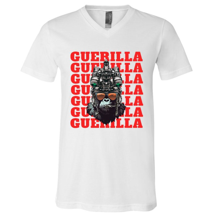 Funny tactical gorilla guerilla with night vision and helmet  V-Neck T-Shirt