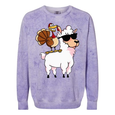 Funny Thanksgiving Gifts Hipster Llama Riding Turkey Colorblast Crewneck Sweatshirt