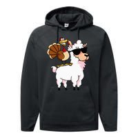 Funny Thanksgiving Gifts Hipster Llama Riding Turkey Performance Fleece Hoodie