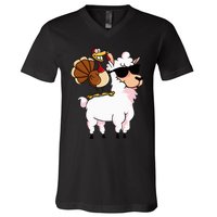 Funny Thanksgiving Gifts Hipster Llama Riding Turkey V-Neck T-Shirt