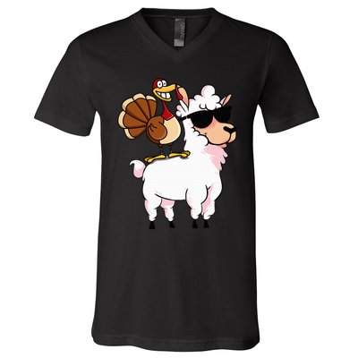 Funny Thanksgiving Gifts Hipster Llama Riding Turkey V-Neck T-Shirt