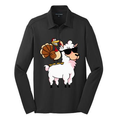 Funny Thanksgiving Gifts Hipster Llama Riding Turkey Silk Touch Performance Long Sleeve Polo